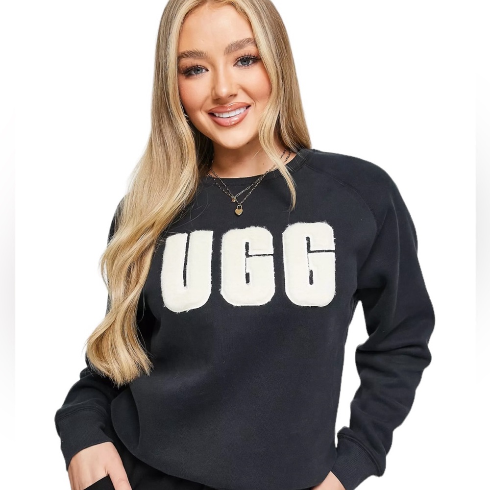 UGG Madeline Womens Black Fuzzy Logo Crewneck Sweatshirt Size Large